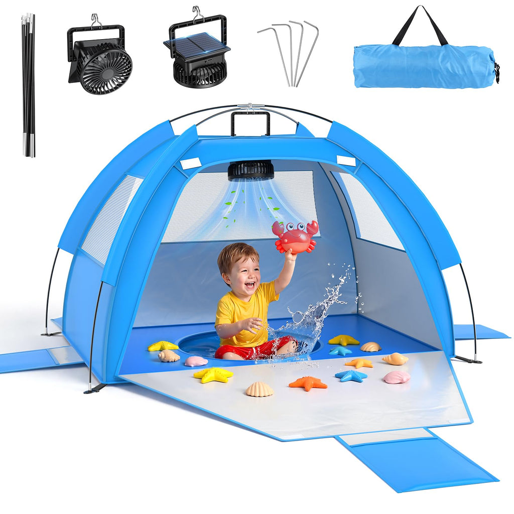 Dsquu Baby Beach Tent Solar Cooling Fan, Anti-UV Toddler Beach Tent Sun Shelter Portable Travel Fan Beach Shade Tent, Baby Play Tent Built-in Ceiling Fan Sun Shelters Toddler Beach Essentials Blue