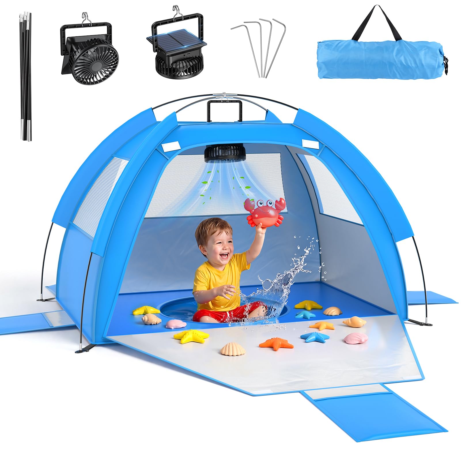 Dsquu Baby Beach Tent Solar Cooling Fan, Anti-UV Toddler Beach Tent Sun Shelter Portable Travel Fan Beach Shade Tent, Baby Play Tent Built-in Ceiling Fan Sun Shelters Toddler Beach Essentials Blue