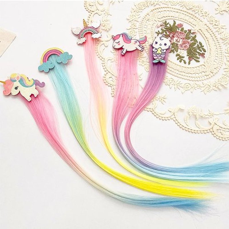 6 PCS Hair Extensions Clip - Carton Straight Curly Hairpieces Clips, Cute Unicorn Accessories Hair Extensions for Kids Ponytails Girls, Rainbow Thick Wig Clip in Fake Bangs (Curly Hair 02)