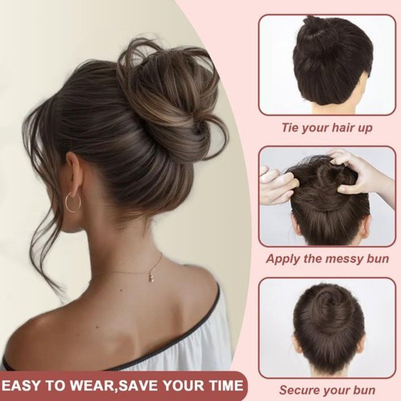Messy Bun Hair Piece 100% Real Human Hair Natural Curly Scrunchies Dark Brown Updo Donut Chignon with Elastic Rubber Band Fluffy Bun Hair Pieces for Women Girls (#2 Dark Brown)