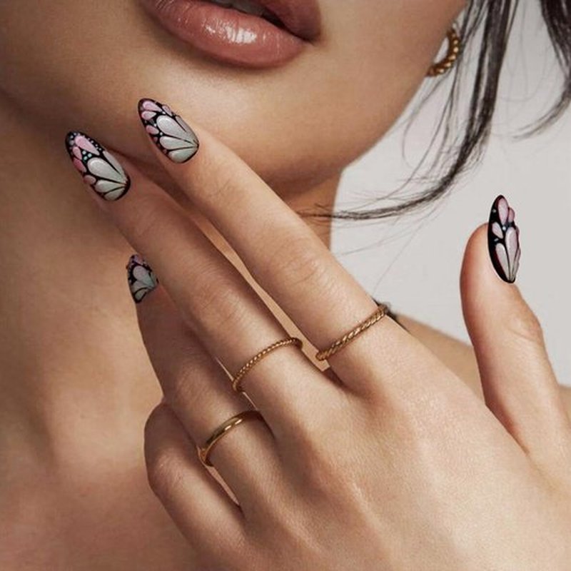 Almond Press On Nails, 3D Butterfly Designs Medium Fake Nails with Nail Glue, Reusable Soft Gel Stick On Nails for Women Girls Gift, 24PC Elegant Glue On Nails Kit