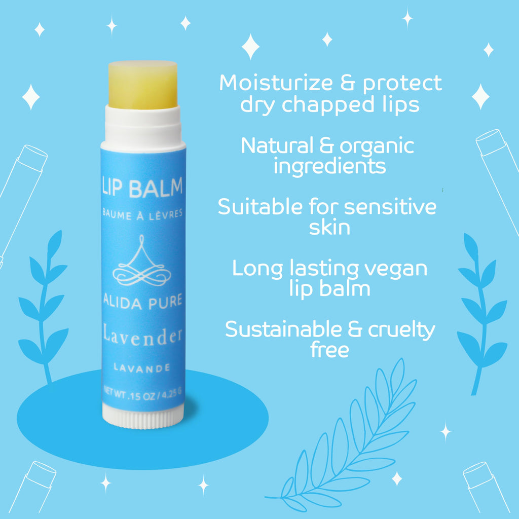 ALIDA PURE Lavender Lip Balm, Cruelty Free, Vegan, Beeswax Free, with Organic Jojoba and Avocado Oil, Vitamin E, Natural Moisturizer for Dry, Chapped, or Cracked Lips, 3 Tube Set