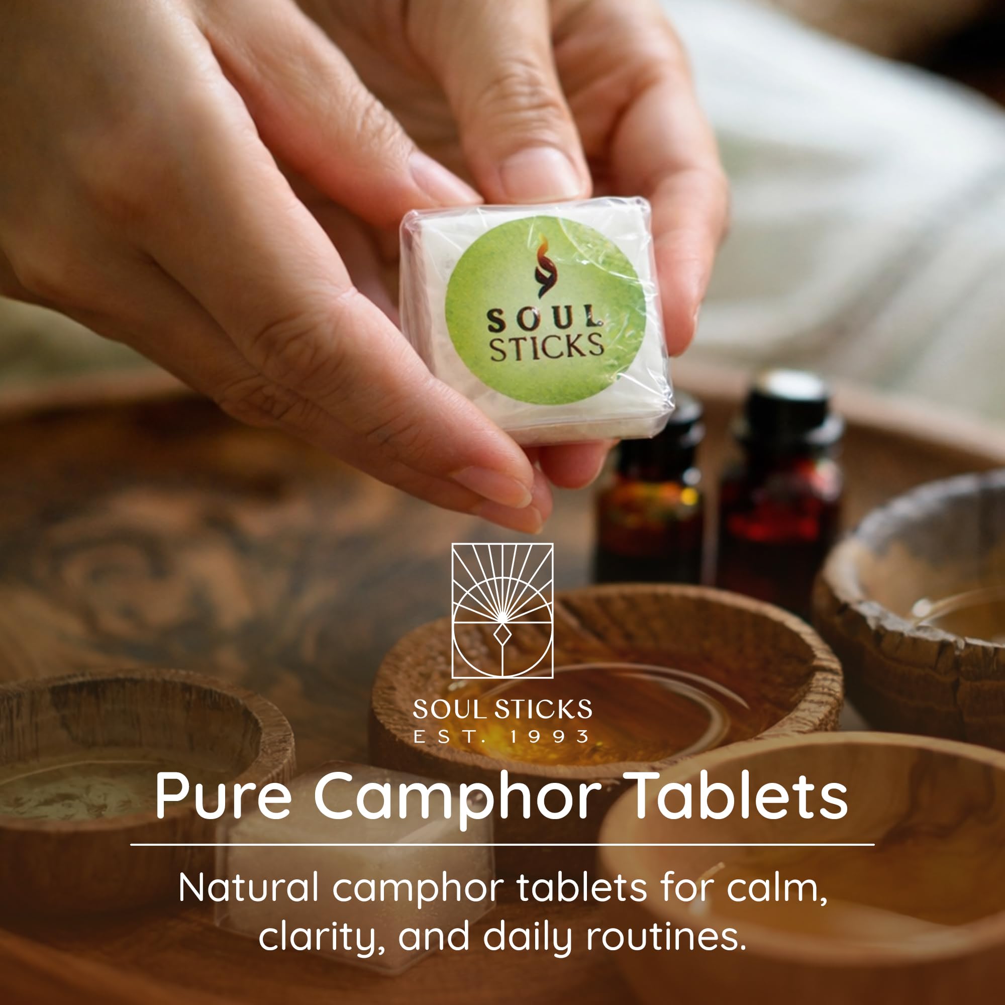 SOUL STICKS Natural Camphor Blocks,Pure Camphor Tablets for Aromatherapy & Puja - Alcanfor en Bloques, Alcanfor en Bolitas, Kapoor for Pooja (150 Grams (32 Tablets))