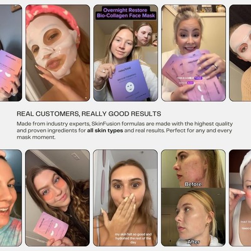 SkinFusion Bio-Collagen Sheet Face Masks (Overnight Restore, 5 Pack) with Retinol + Ceramides - Anti-Aging, Minimize Wrinkles and Pores, Deep Hydration, Firming - Gifts for Women - K Beauty