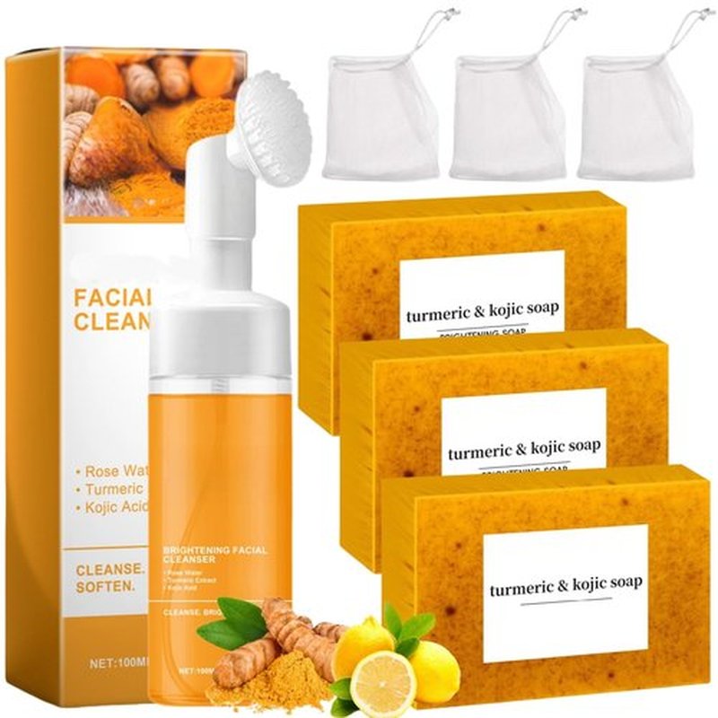 Peehss Turmeric Soap & Turmeric Face Wash Set, Honey Lemon Tumeric Kojic Soap Bar & Facial Cleanser Combo for Face & Body, Evens Skin Tone Deep Cleansing Moisturizing