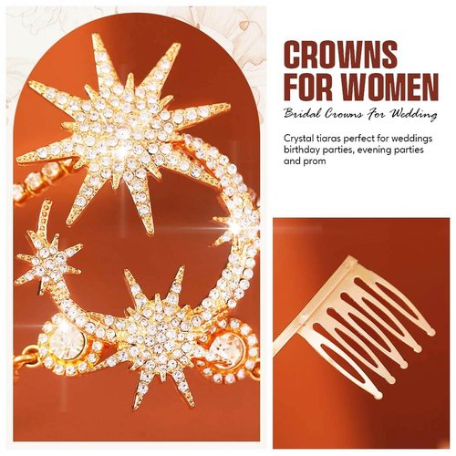 GORTIN Star Moon Crown Gold Goddess Headpiece Rhinestones Wedding Tiara Bridal Headband Hair Accessories for Women