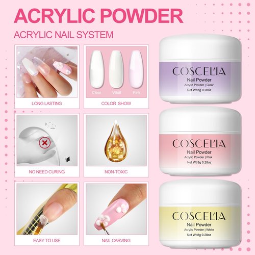 Acrylic Nail Kit for Beginners with Everything Professional 3pc Acrylics Powder 6pcs Gel Nail Polish 18pcs Glitter Decoration Powder Nails Kit Acrylic Set with Tips Nail Light Valentines Day Gifts