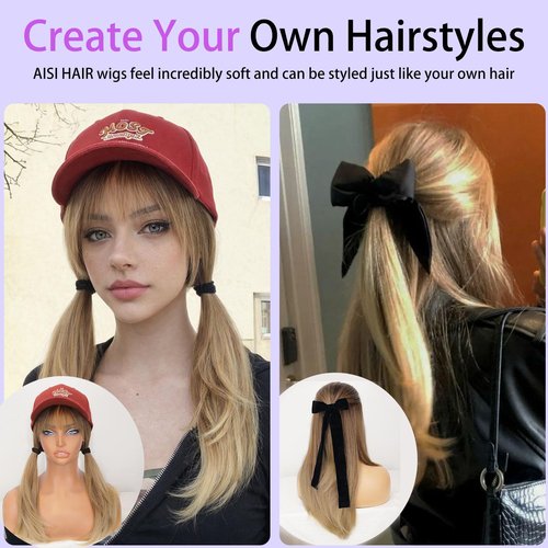 AISI HAIR 【Beginner Friendly Wigs】 Ombre Blonde Wig with Bangs for Women, Middle Length NaturalLayered Straight Wig for Daily Party