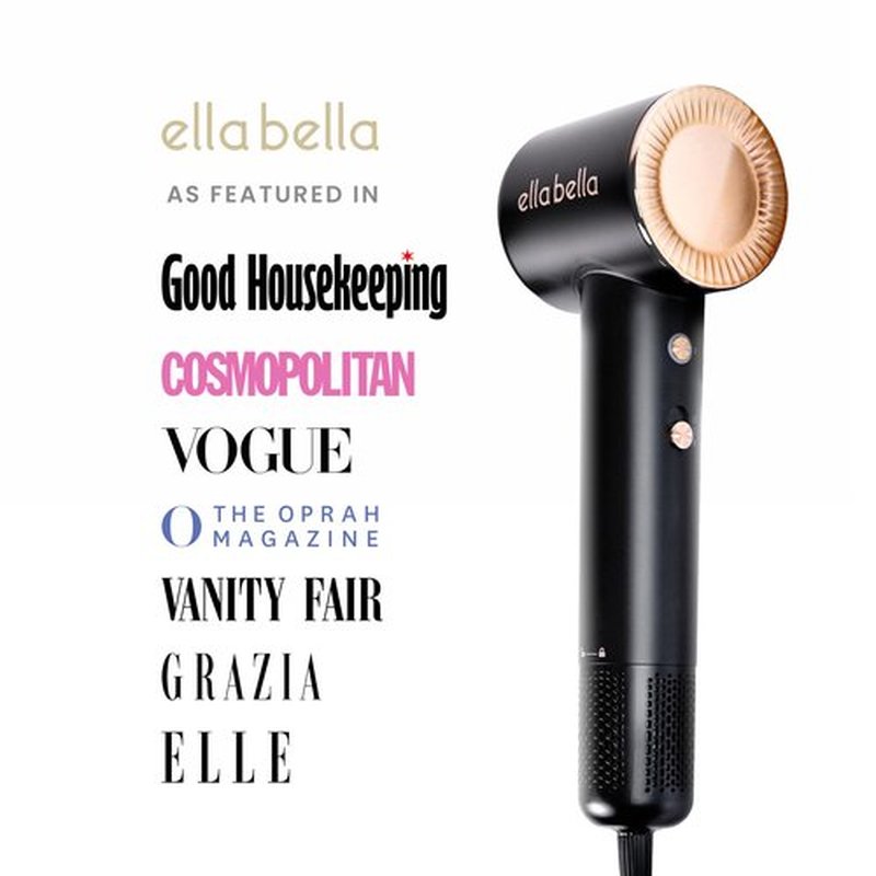 ELLA BELLA® Compact Plasma Hair Dryer, Advanced Plasma Technology Blow Dryer with Digital Display, Rapid Drying, Low Noise, & Luxury Velvet Travel Bag - Includes Diffuser & Nozzle- for All Hair Types