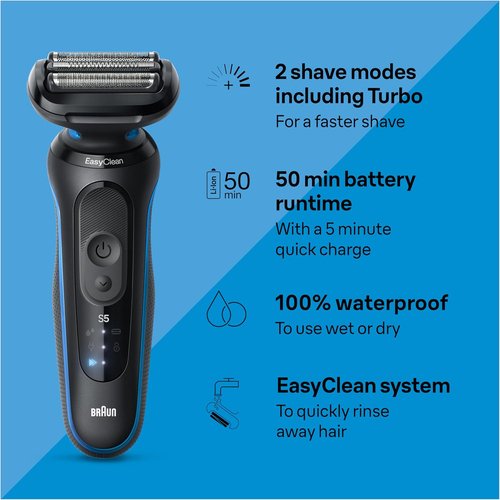 Braun Electric Shaver - Series 5 5150cs Wet & Dry Razor with Turbo Mode, Beard Trimmer & Charging Stand - Blue