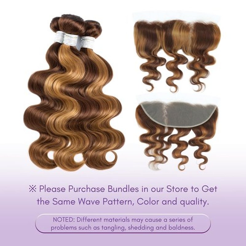 AUROO P4/27 Honey Blonde Highlight Body Wave Frontal Closure Human Hair 16 Inch, 12A 100% Virgin Ombre Brown Balayalge 13x4 Ear to Ear Transparent Lace Frontal Pre Plucked With Baby Hair Sew In Remy