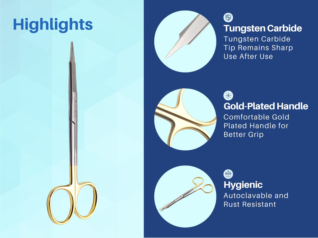 ARTMAN INSTRUMENTS Goldman Fox Skin Tag Scissors 5 inches with Tungsten Carbide Gold Plated Surgical Dental Surgical Scissors Gingival Tissue Stitch Cuttings Precision(Straight)