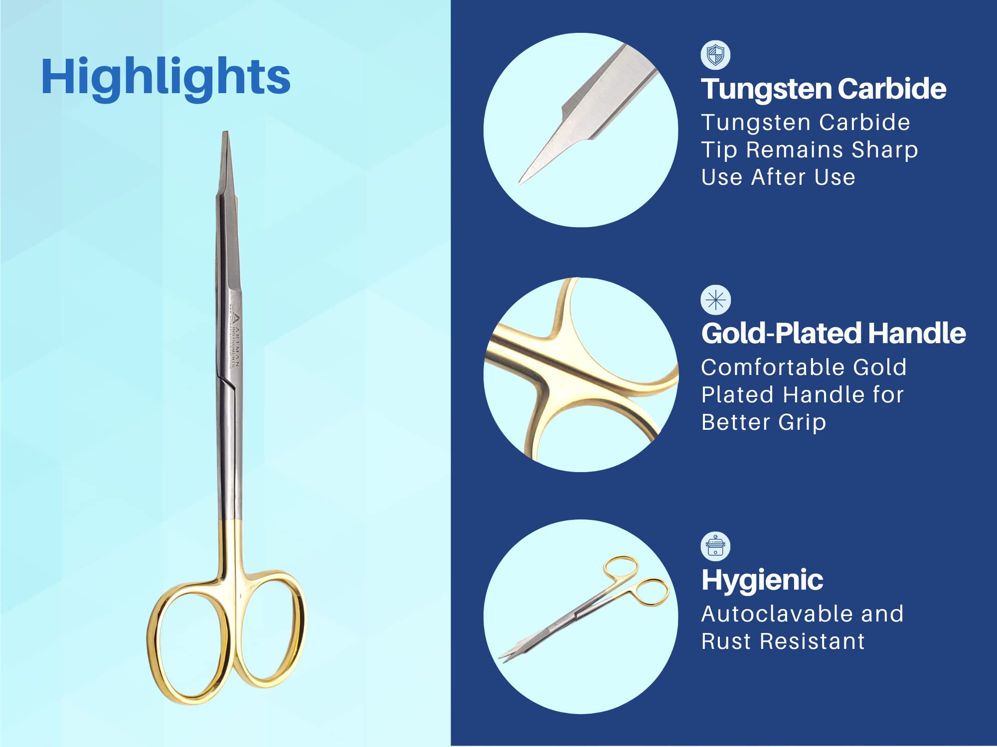 ARTMAN INSTRUMENTS Goldman Fox Skin Tag Scissors 5 inches with Tungsten Carbide Gold Plated Surgical Dental Surgical Scissors Gingival Tissue Stitch Cuttings Precision(Straight)