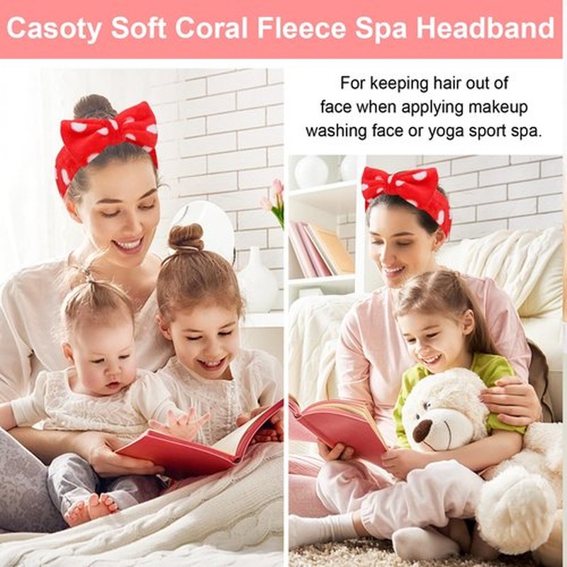 Casoty 10 Pcs Red Dot Makeup Headbands, Spa Gifts for Women Girls, Soft Coral Fleece Skincare Headband, Bow Hair Bands, Beauty Headbands for Face Washing Shower Skin Care Yoga