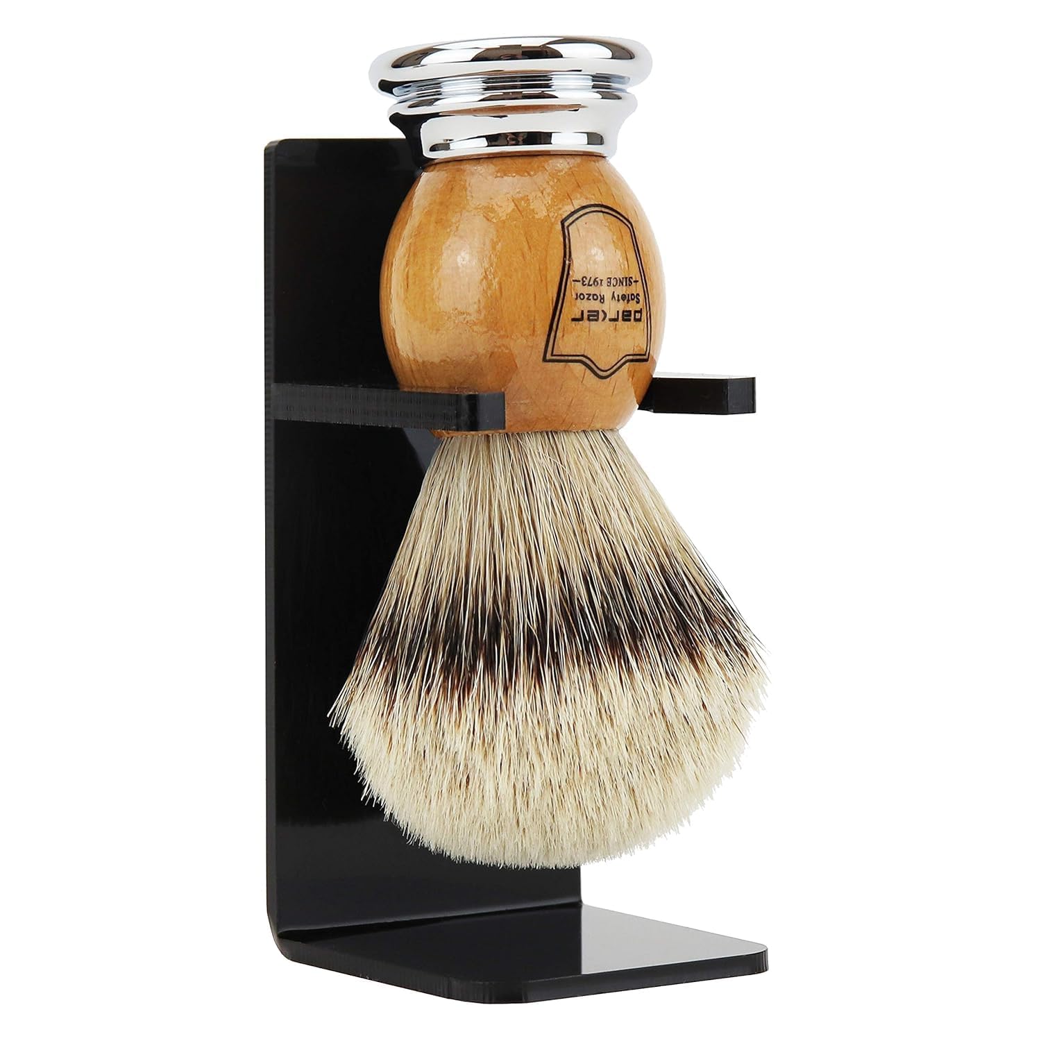 Parker 100% Silvertip Badger Shaving Brush – Olivewood Handle, Long‑Loft 22 mm Knot with Resin Stand – Super Soft Bristles for a Rich Lather for all Skin Types