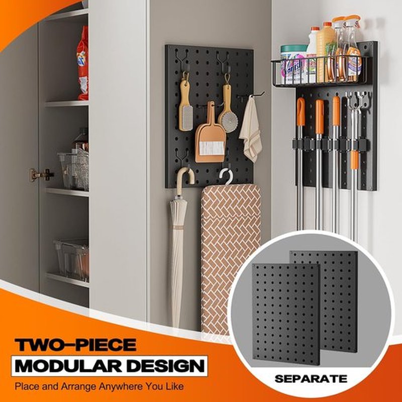 Skiennix Broom Holder Wall Mount - Durable Peg Board Organizer with Mop Hanger and Hooks for Laundry Room Storage
