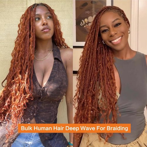 #350 Ginger Orange Orange Human Braiding Hair for Boho Braids Deep Wave Bulk Human Hair for Braiding 2 Bundles Total 100g 20 Inch No Weft Brazilian Virgin Hair
