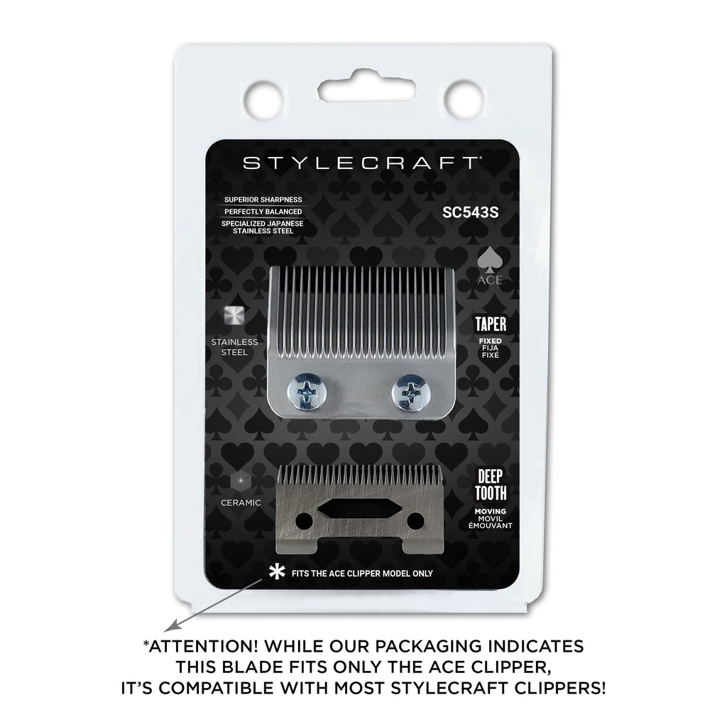 StyleCraft Replacement Fixed Stainless Steel Taper Hair Clipper Blade with Moving Ceramic Deep Tooth Cutter Set