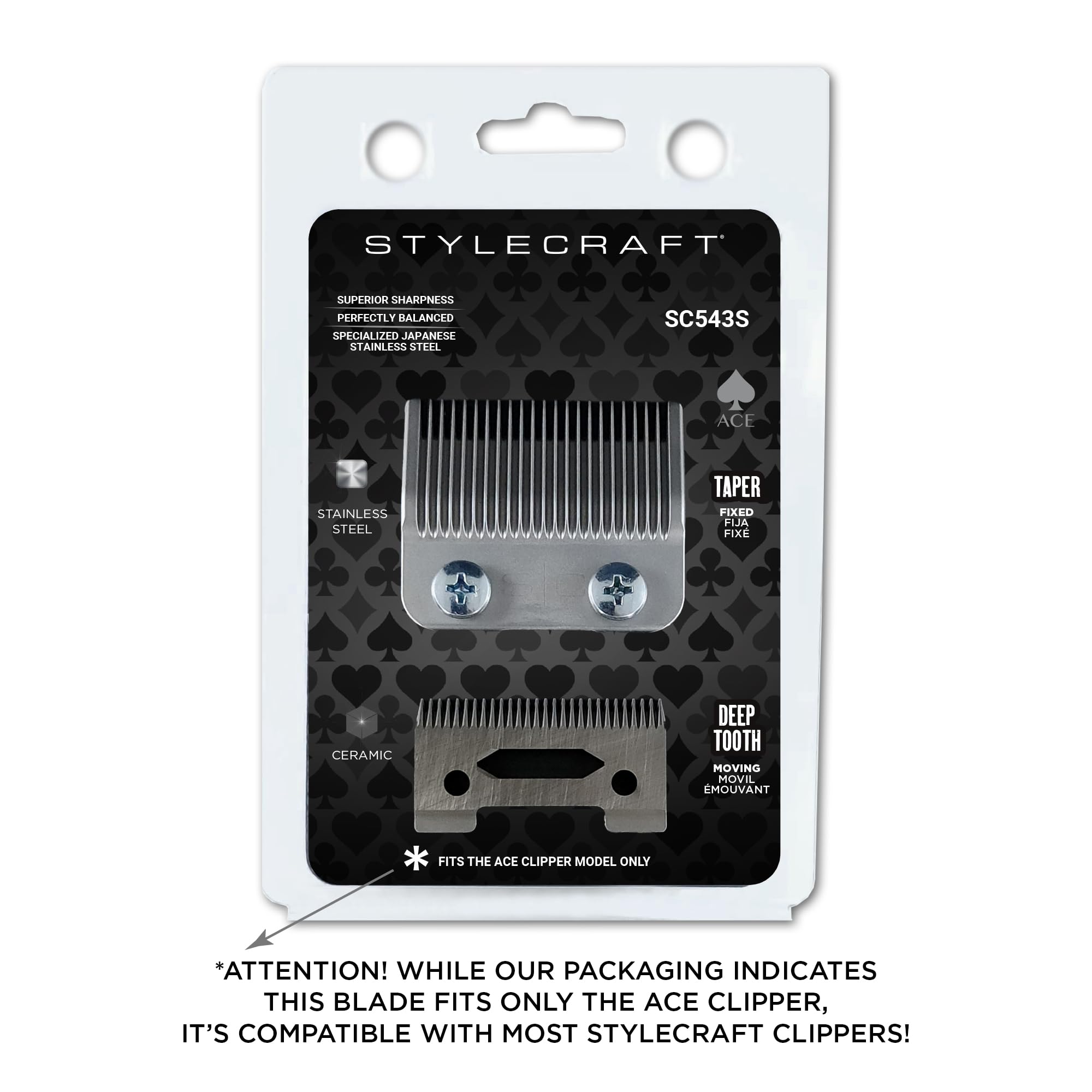 StyleCraft Replacement Fixed Stainless Steel Taper Hair Clipper Blade with Moving Ceramic Deep Tooth Cutter Set