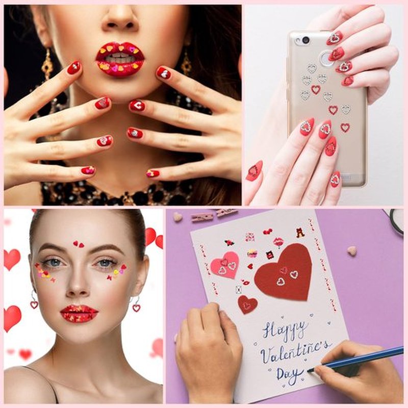 72 Set Valentine‘s Day Nail Charm 12 Pieces 3D Heart Nail Charm 48 Grids Heart Glitter Sequins for Valentine‘s Day Nail Art 12 Sheet Valentine‘s Day Nail Sticker with Nail Brushes Gems for Women Girls