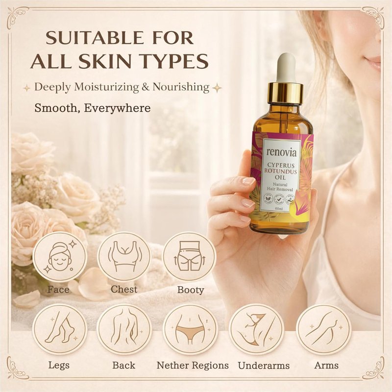 Renovia Cyperus Rotundus Oil, Cyperus Rotundus Oil For Hair Removal, Hair Removal Oil, Moisturizing Soothing For Smooth Looking Skin With Peppermint, Herbal Formula For Smooth Skin All Skin Types (2)