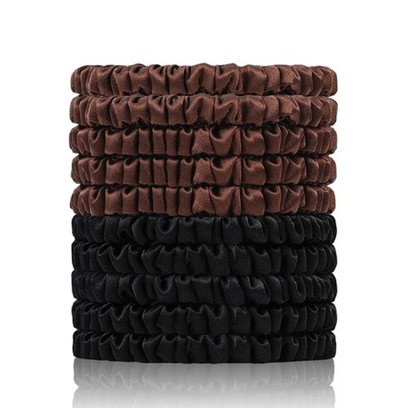 SEMRUE 22 Momme 100% Pure Mulberry Silk Scrunchies (10 PCS) - Small Hair Elastics and Ties for Women Sleep, Hair Care No Damage, Black*5+Brown*5