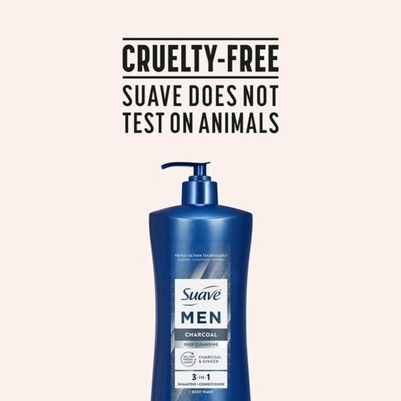 Suave Men Deep Cleansing 3 in 1 Shampoo, Conditioner & Body Wash with Charcoal Powder, Detoxifies & Cleanses Hair & Skin, Removes Oil & Impurities, 4 Count, 28 FL OZ Pump