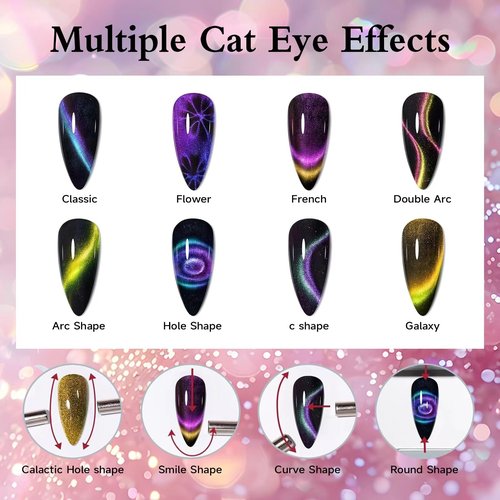 TWOEIGHT Cat Eye Gel Nail Polish, Magnetic 9D Cat Eye Gel Polish Set, 8ml*6 with 1Magnets, Classic Colors Chameleon Magic Galaxy Effect Soak off Nail Art - Sparkle Stunning Gel Polish Gift for Women