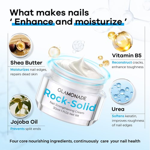 Glamonade Hard Nail Strengthening Cream: Nail strengthener and Cuticle Treatment To Repair Damaged Thin Nails and Dry Cracked Skin&Grow Nails, Plant-Based Scent, 1 oz,Essential Nail Care
