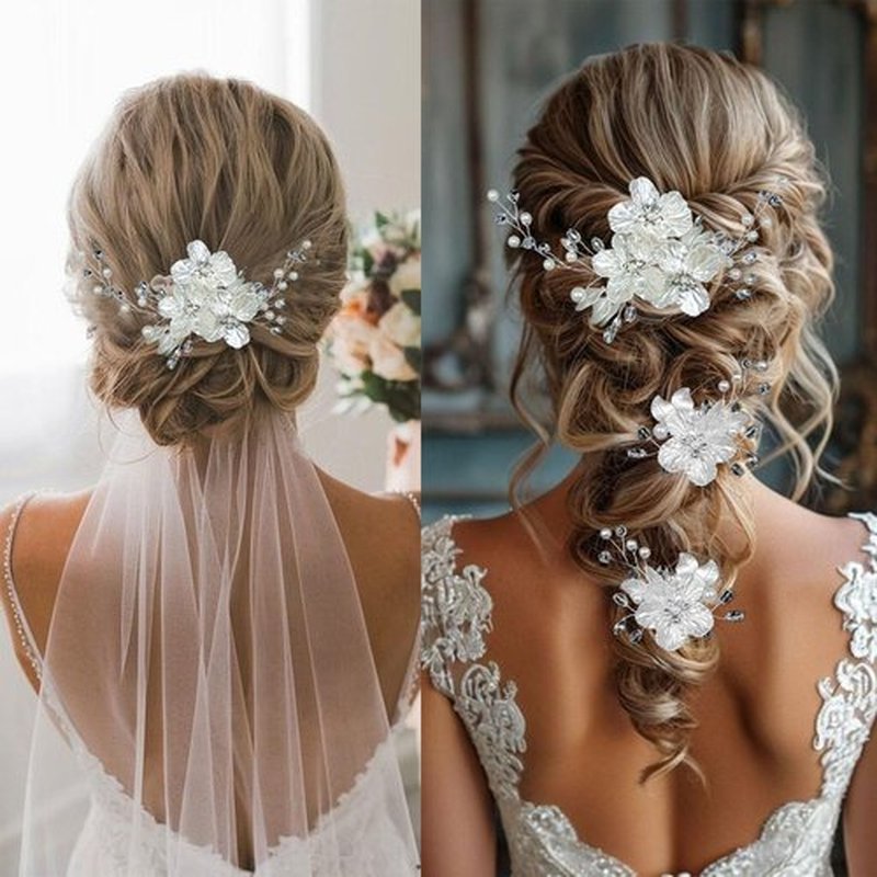 3 PCS Large Flower Bridal Wedding Hair Pins Crystal Pearl Hair Clips Headpiece Bride Hair Accessories Jewelry with Rhinestone, Glitter Emboss White Flower