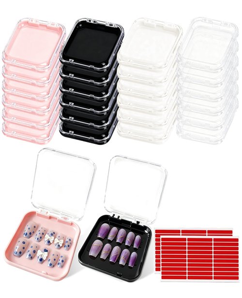 Aiuulu 24Pcs Press on Nail Box Packaging, Nail Container for Press Ons Storage with 60Pcs Adhesive Double Sided Tape