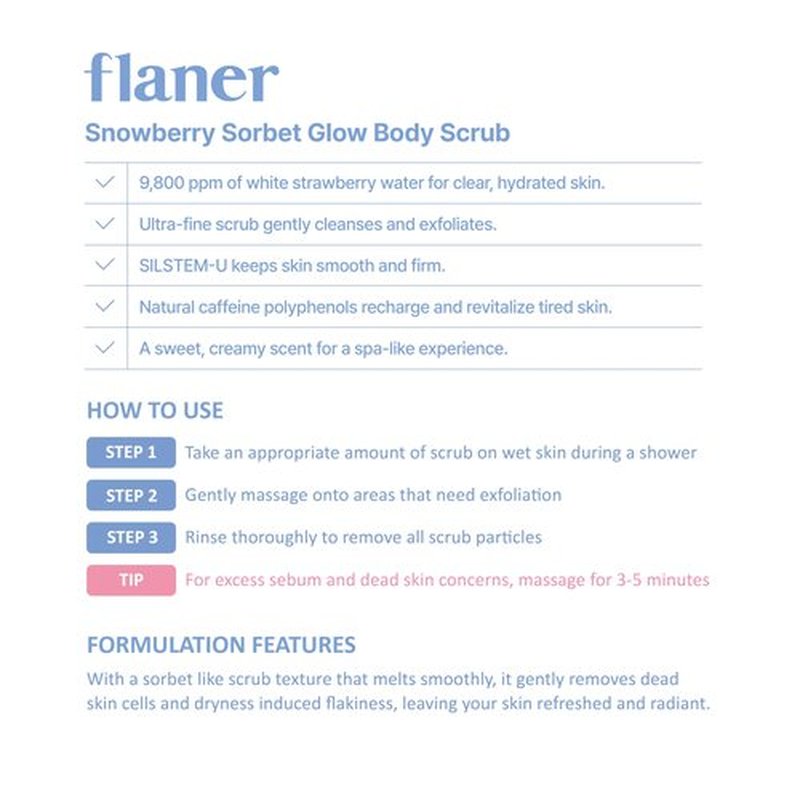FLANER Snowberry Sorbet Glow Body Scrub – Gentle Exfoliating Scrub, Brightening & Hydrating Formula with 9,800ppm of White Strawberry Water and Niacinamide, Korean Body Wash for Silky Soft Skin