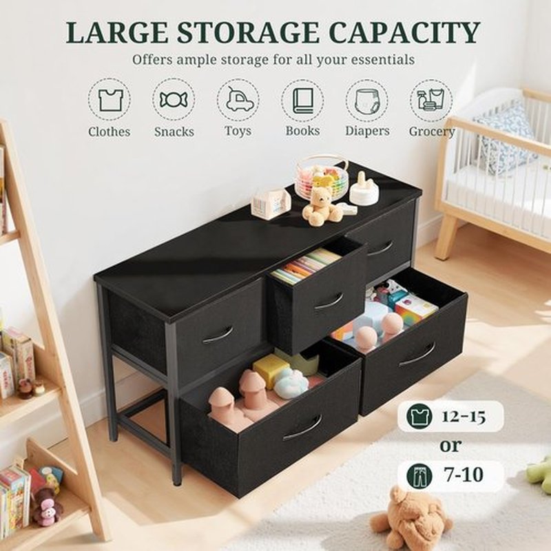Skiennix 5-Drawer Dresser - Anti-Tip Fabric Chest with Wooden Top & Metal Frame | Black