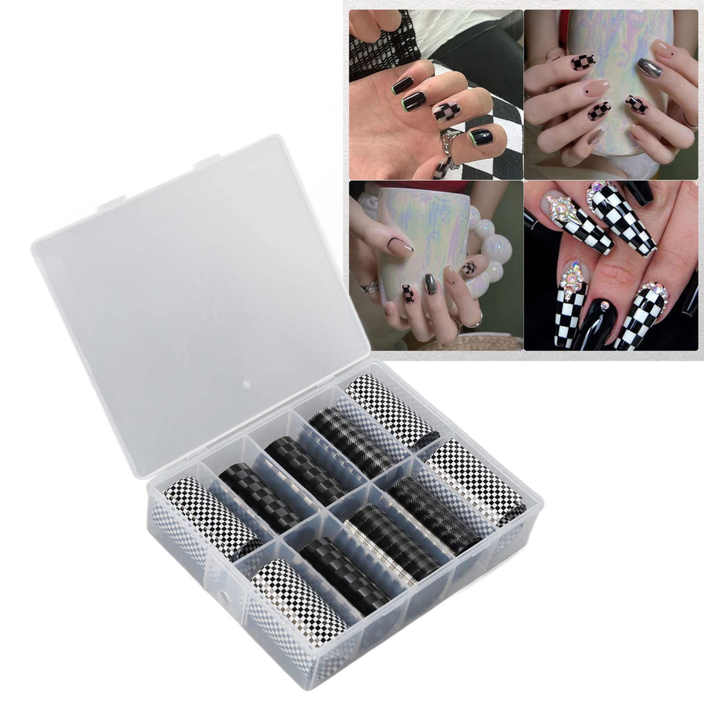 FILFEEL 1 Box Nail Foil Transfer Stickers Decals, Print Black White Plaid Nail Art Sticker, DIY Nail Art Design Tool Stickers Decals Decorations Acrylic Nails Supplies for Home and Nail Salon