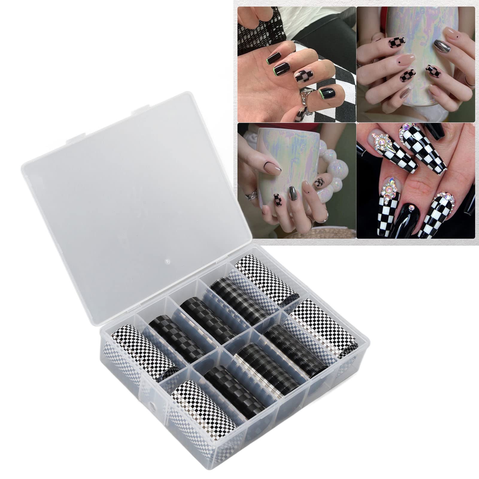 FILFEEL 1 Box Nail Foil Transfer Stickers Decals, Print Black White Plaid Nail Art Sticker, DIY Nail Art Design Tool Stickers Decals Decorations Acrylic Nails Supplies for Home and Nail Salon