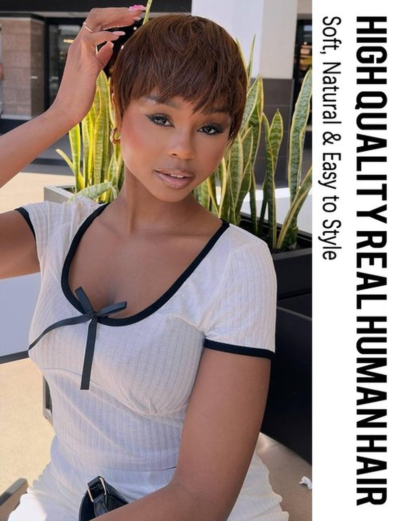 Realloves Pixie Cut Wig Human Hair Glueless Wear and Go Brazilian Virgin Remy Hair with Pre-Cut Bangs Short Wigs for Women, Full Machine Made Lightweight & Breathable Cap Chocolate Brown Color