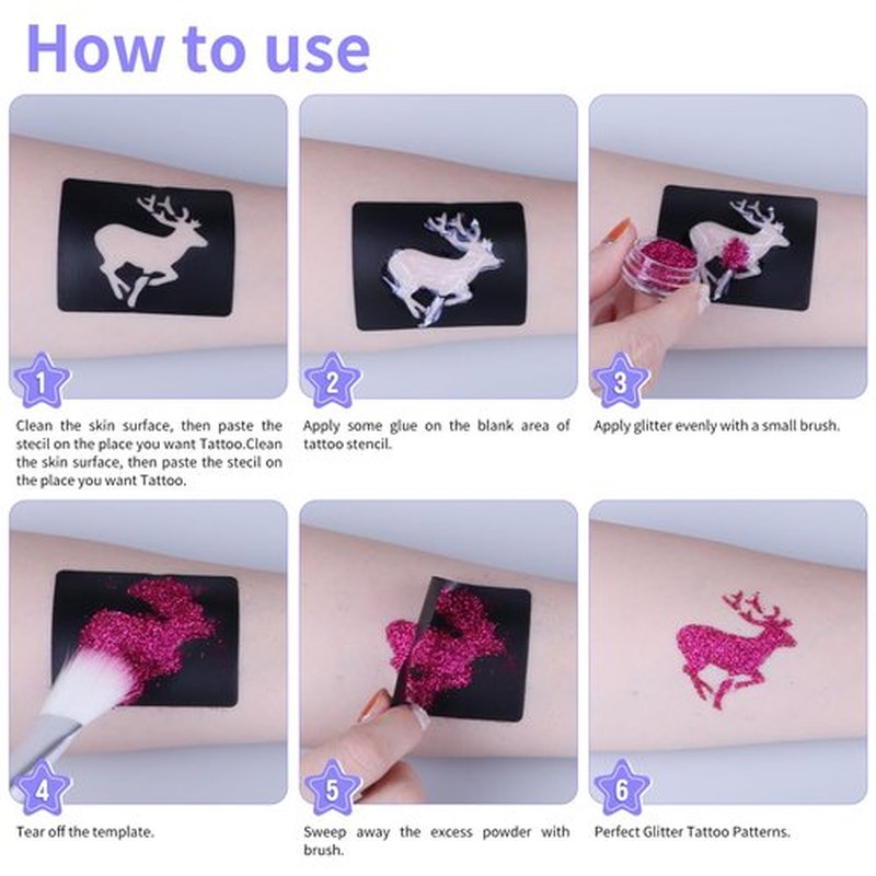 Temporary Glitter Tattoo Kit for Kids & Adults, LCDGTJ 42 Glitter & 6 Fluorescent Color, 209 Stencils, 4 Glue, 5 Brushes, 1 Diamond Sticker, Safe & Easy Removal Face Body Art Birthday Party Supplies