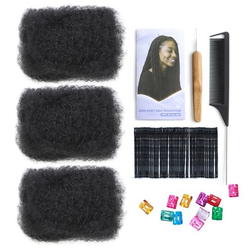 Afro Kinkys Bulk Human Hair, 10-Inch Afro Kinky-Curly Human Hair Bulk for Twists, Dreadlocks Extensions, Repair Locs, Natural Black 3 Pack (1B, 10inch)