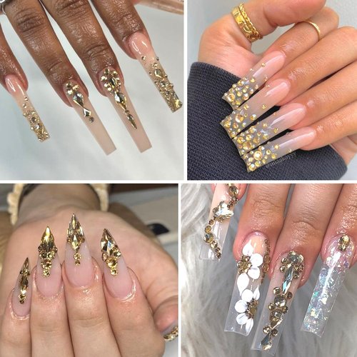 HNUIX Nail Rhinestones - 3D Multiple Shape Size Gems, Champagne Gold, Manicure beads, Pearls, Flatback Crystals Rhinestones, with Kit, for Nail Art Decor