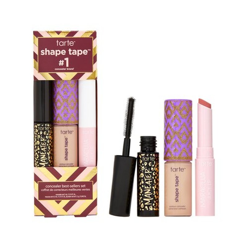 tarte shape tape best-sellers set – Shape Tape Concealer, Hydrating Lip Gloss Balm & Mascara for Curl, Volume & Length, Longwear, Cruelty-Free, travel size, 29N light-medium & rose