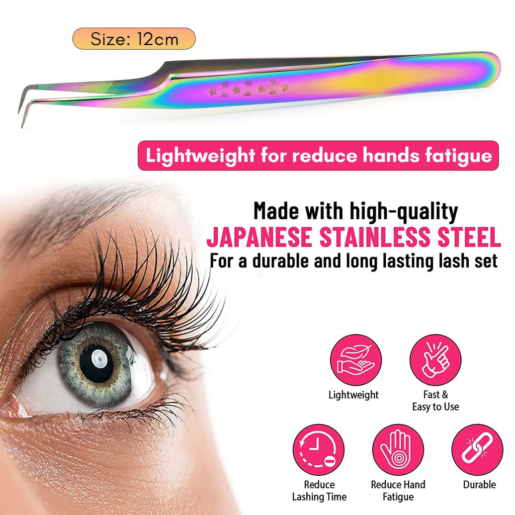 My Lash Tools Fiber Tip Lash Tweezers for Eyelash Extension Curved 90 Degree Angle Boot Tweezer Best for Volume, Individual Isolation & Classic Lashes Stainless Steel Lash Supply (Star Grip)