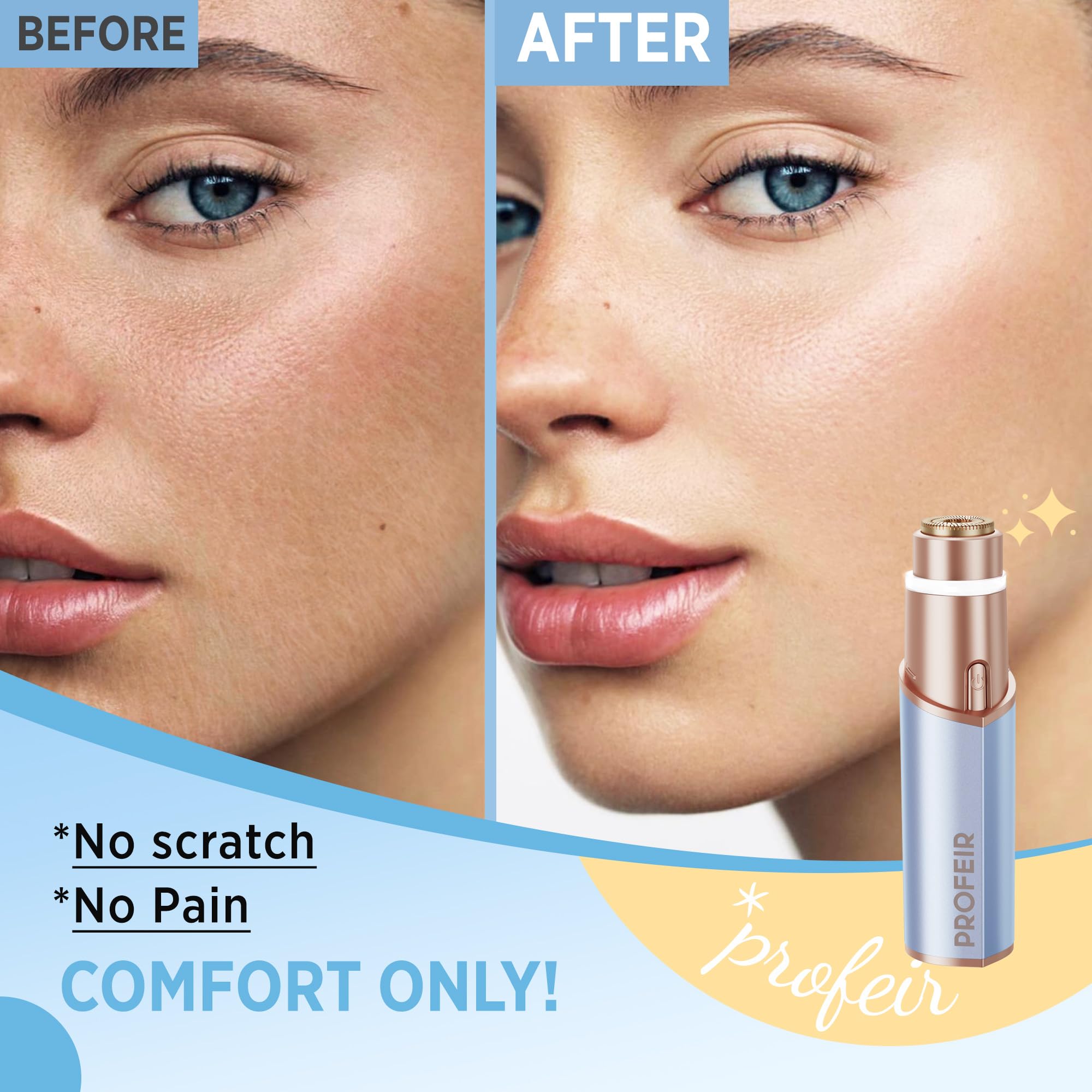 Facial Hair Removal for Women: Electric Hair Removal Device - Rechargeable Painless Face Razor for Chin Upper Lip Peach Fuzz with Light Gifts for Women(Blue Gold)