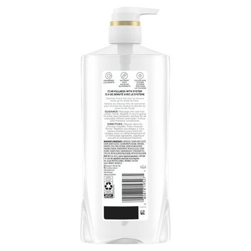 Pantene Shampoo, Sheer Volume - 72-Hour Fullness, Lightweight Nourishment with Pro-Vitamin B5 + Antioxidants, Fine, Thin, Color-Treated Hair, Paraben Free, Remove Build Up for Body & Shine, 27.7 Fl Oz