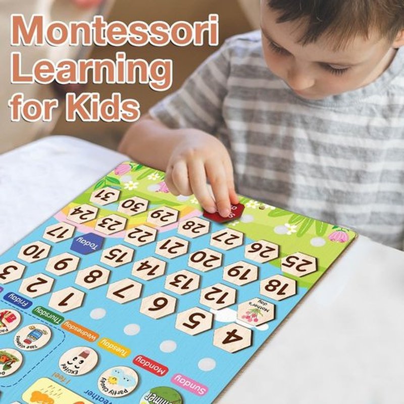 Skiennix Interactive Wooden Calendar for Kids Ages 3+ | Teaches Seasons & Daily Activities (12 x 15 Inches)