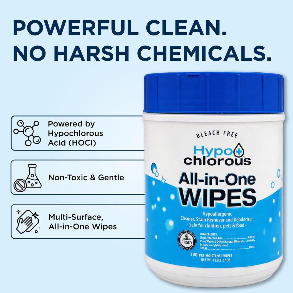 Hypo+Chlorous Hypochlorous Acid Wipes (2-Pack) – 200 Count Non-Toxic Cleaner for Skin, Baby, Pet, Home & Gym – Bleach-Free