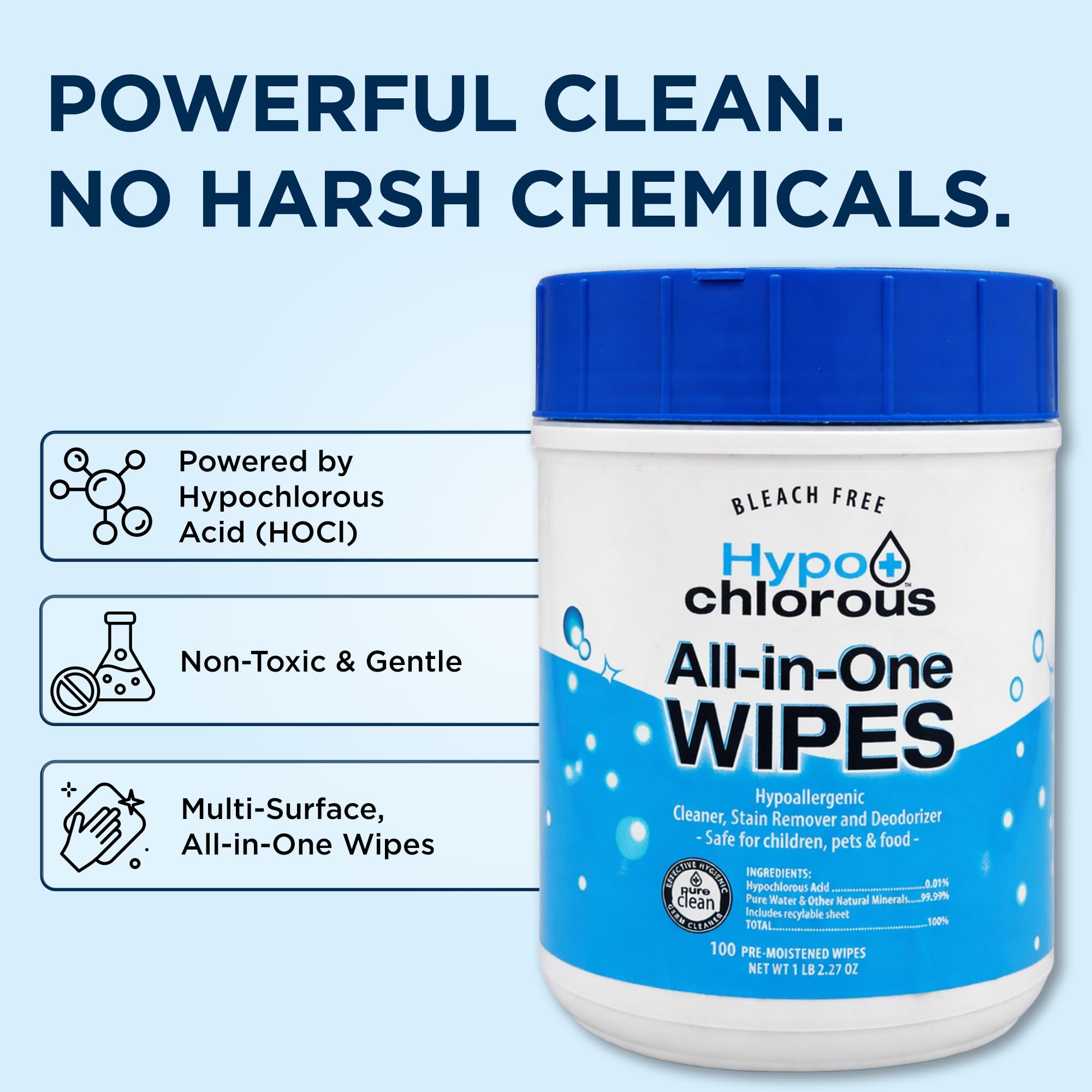 Hypo+Chlorous Hypochlorous Acid Wipes (2-Pack) – 200 Count Non-Toxic Cleaner for Skin, Baby, Pet, Home & Gym – Bleach-Free
