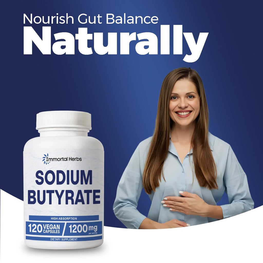 Immortal Herbs Sodium Butyrate Capsules 1200mg, High Absorption Postbiotic, 120 Count, Standardized Butyric Acid, Vegan, Non-GMO & Gluten-Free Butyrate Supplement for Women and Men