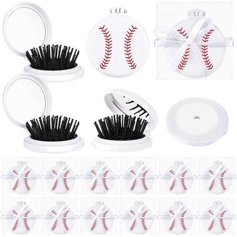 12 Set Baseball Team Gifts Bulk Mini Hair Brush with Ribbons Baseball Hair Accessories, Soft Flexible Mini Travel Hair Brush for Girls Baseball Party Favors