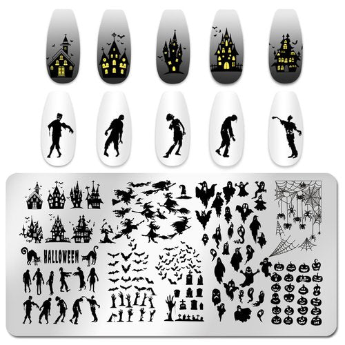 JERCLITY 6pcs Halloween Nail Stamping Plates Halloween Nail Stamping Plates for Nails Cobwebs Witch Ghost Skull Jack-o'-Lantern Haunted House Image Stamper Kit