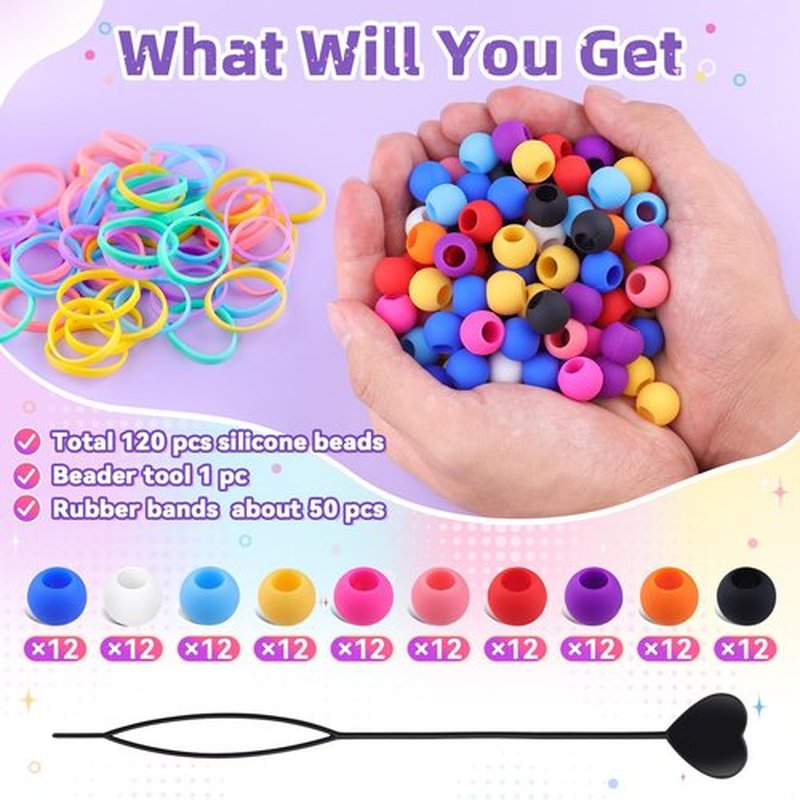 120Pcs 14mm Large Silicone Beads for Hair Braids, Soft Jellyish Hair Beads with 7mm Hole + 50 Rubber Bands and 1 Beader for Braiding, DIY Bracelets Necklaces Crafts (Multicolors)